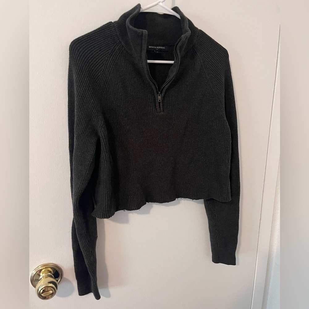 Banana Republic Women's Quarter Zip Knit Sweater Cropped Olive Green Medium